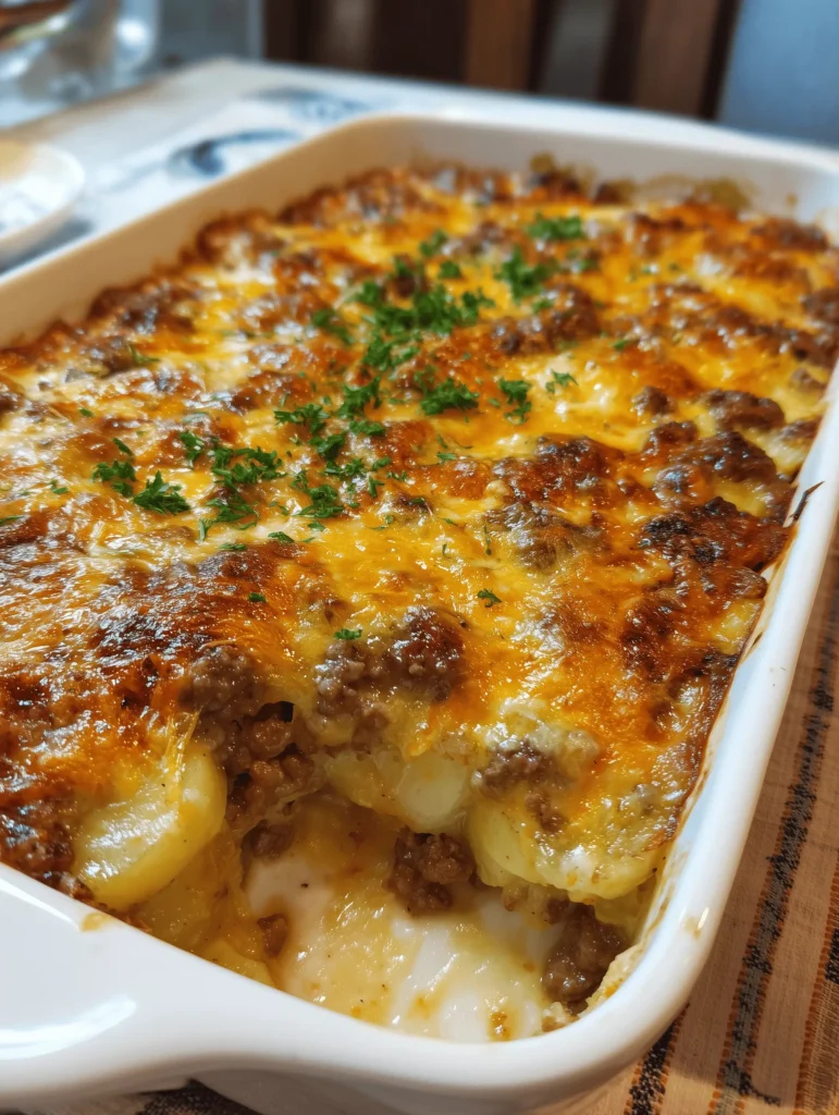 Delicious EasyHamburger Potato Casserole Recipe with layers of ground beef and sliced potatoes