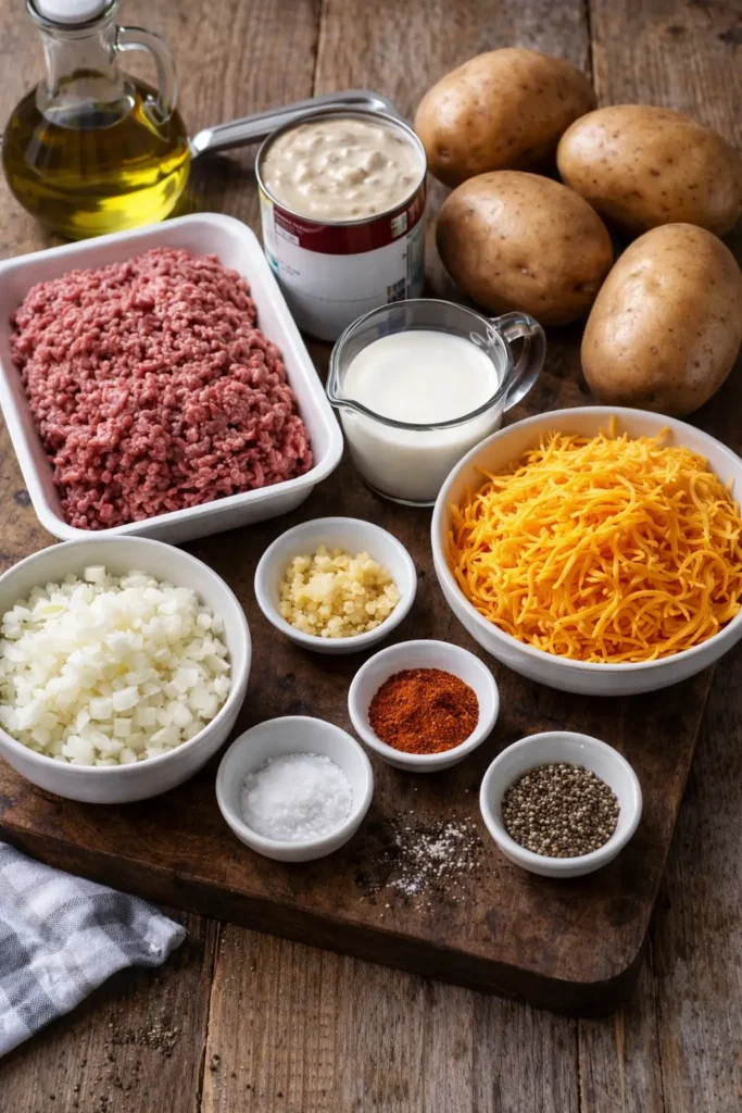 Delicious EasyHamburger Potato Casserole Recipe with layers of ground beef and sliced potatoes