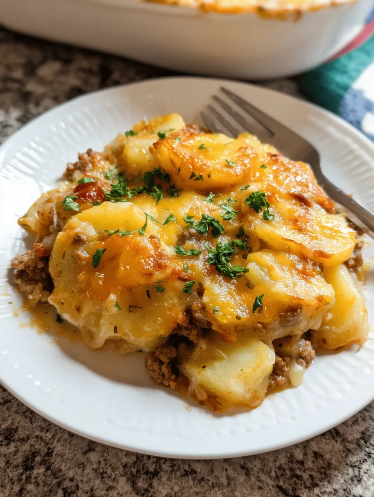Delicious EasyHamburger Potato Casserole Recipe with layers of ground beef and sliced potatoes