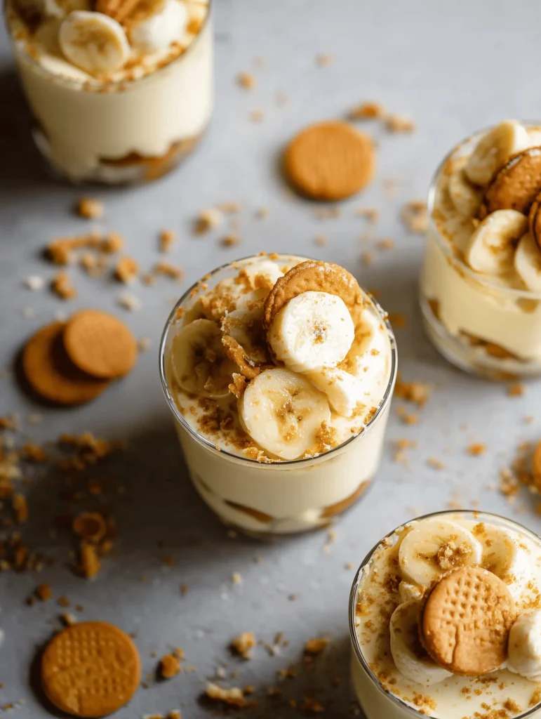 Delicious Banana Pudding Cups layered with vanilla wafers, bananas, and creamy pudding.
