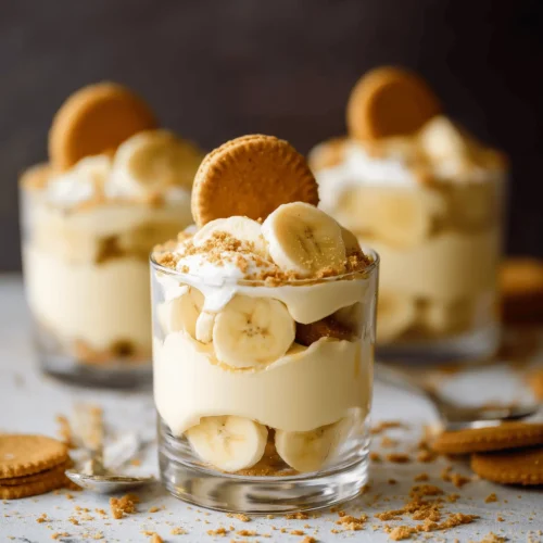 Delicious Banana Pudding Cups layered with vanilla wafers, bananas, and creamy pudding.
