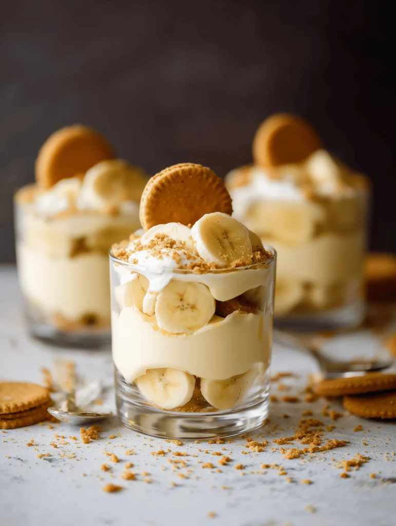 Delicious Banana Pudding Cups layered with vanilla wafers, bananas, and creamy pudding.