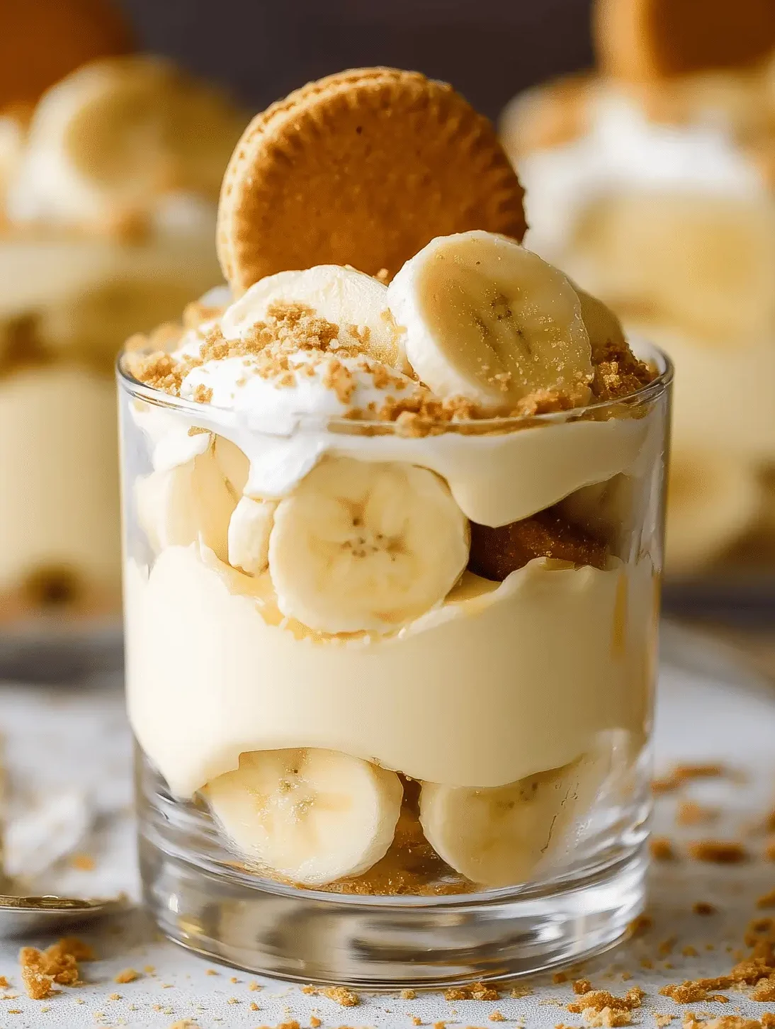 Delicious Banana Pudding Cups layered with vanilla wafers, bananas, and creamy pudding.