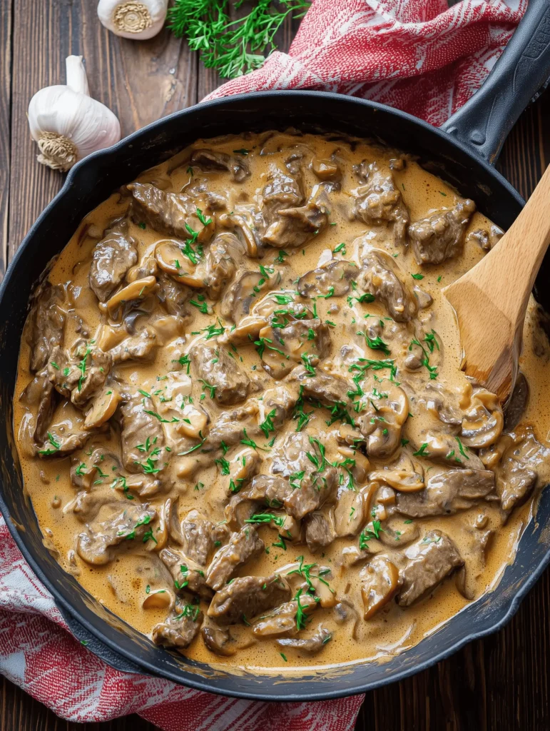 Creamy beef stroganoff with tender beef and mushrooms served over egg noodles
