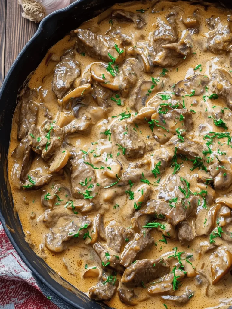 Creamy beef stroganoff with tender beef and mushrooms served over egg noodles