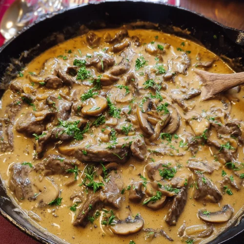 Creamy beef stroganoff with tender beef and mushrooms served over egg noodles