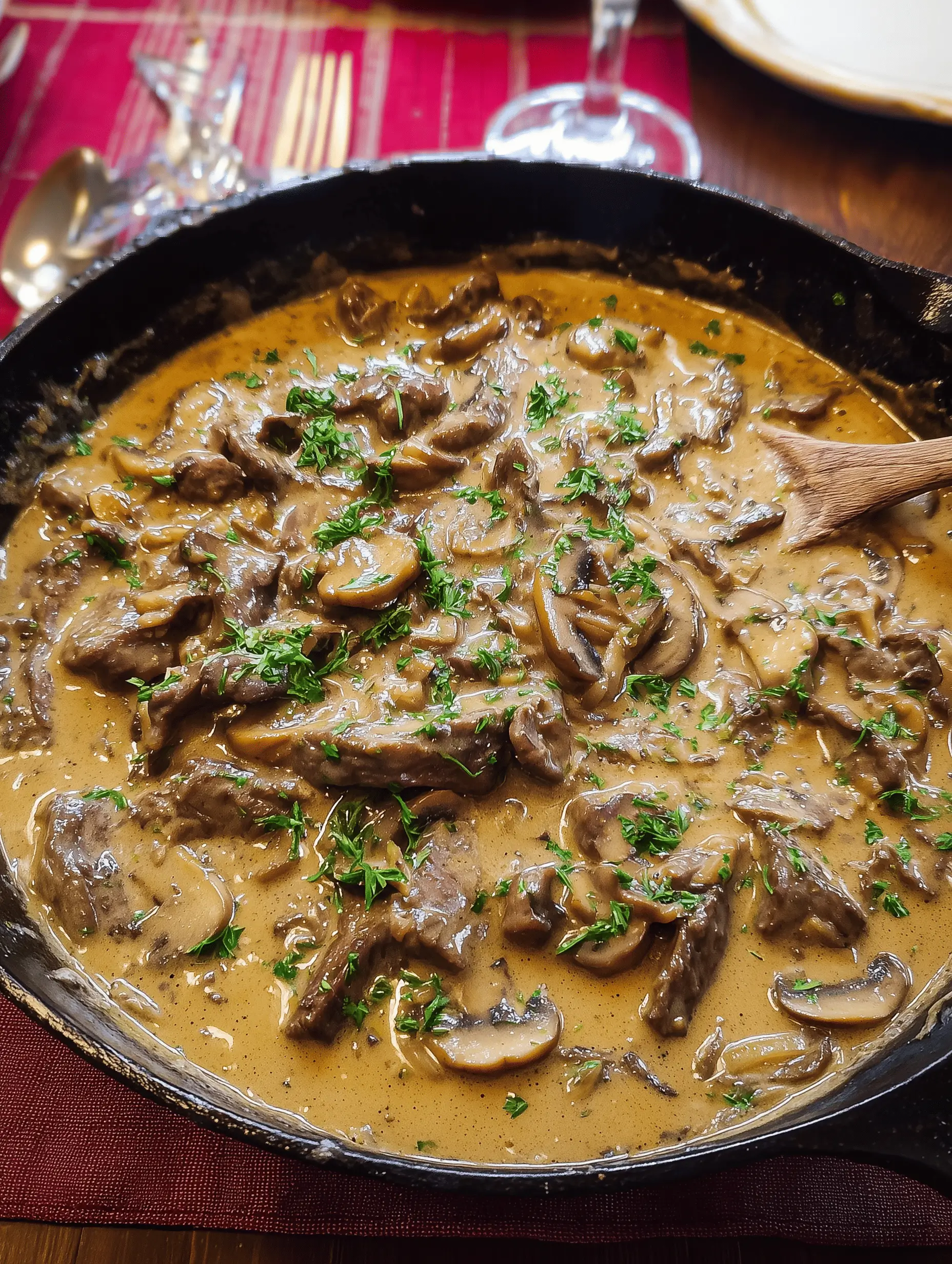 Creamy beef stroganoff with tender beef and mushrooms served over egg noodles