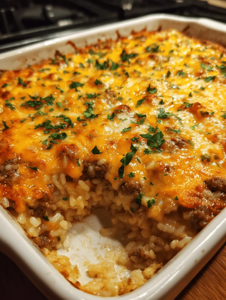Delicious cheesy beef and rice casserole garnished with fresh herbs.