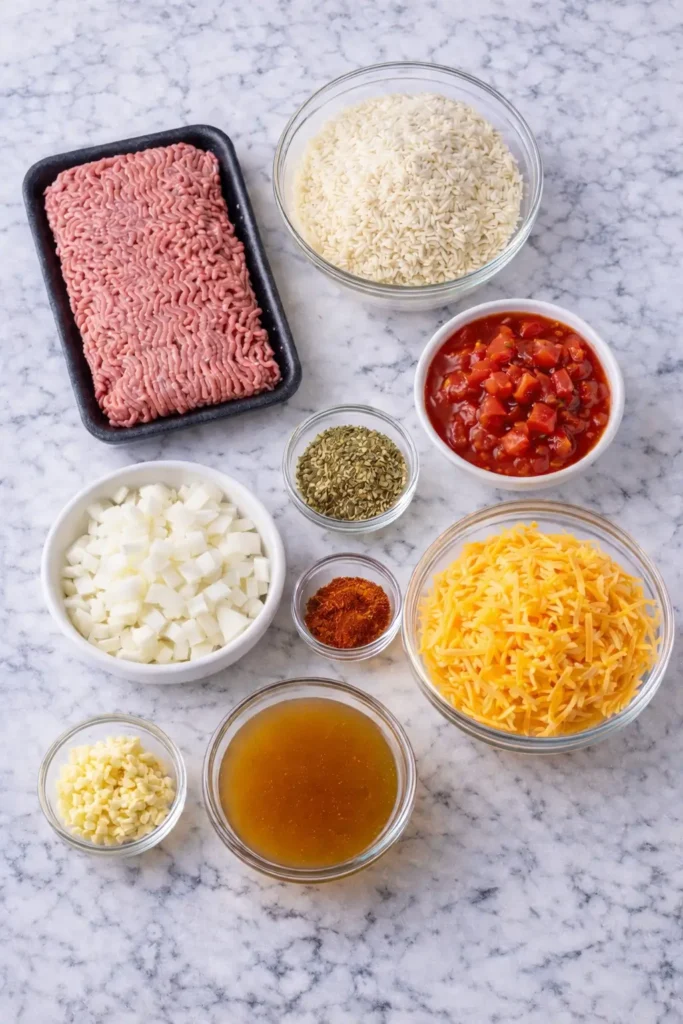 Delicious cheesy beef and rice casserole garnished with fresh herbs.