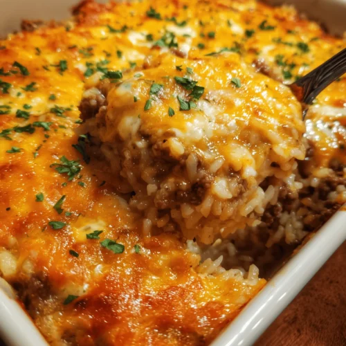 Delicious cheesy beef and rice casserole garnished with fresh herbs.