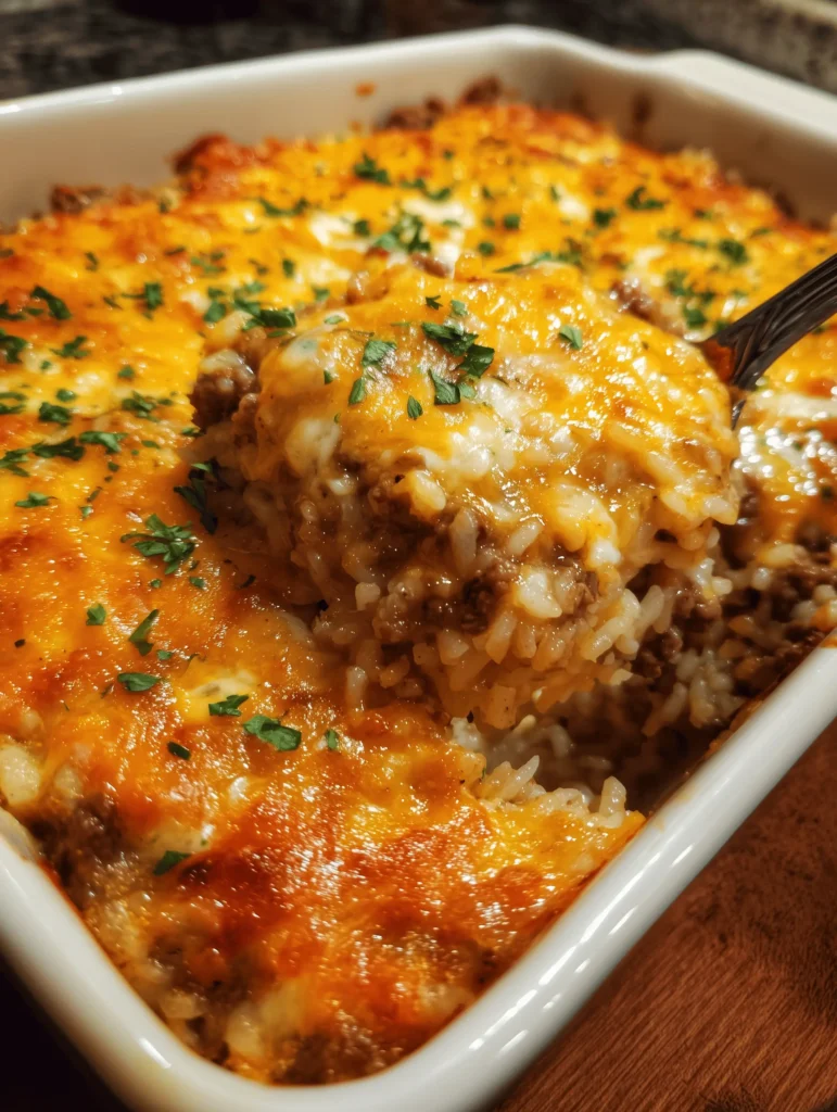 Delicious cheesy beef and rice casserole garnished with fresh herbs.