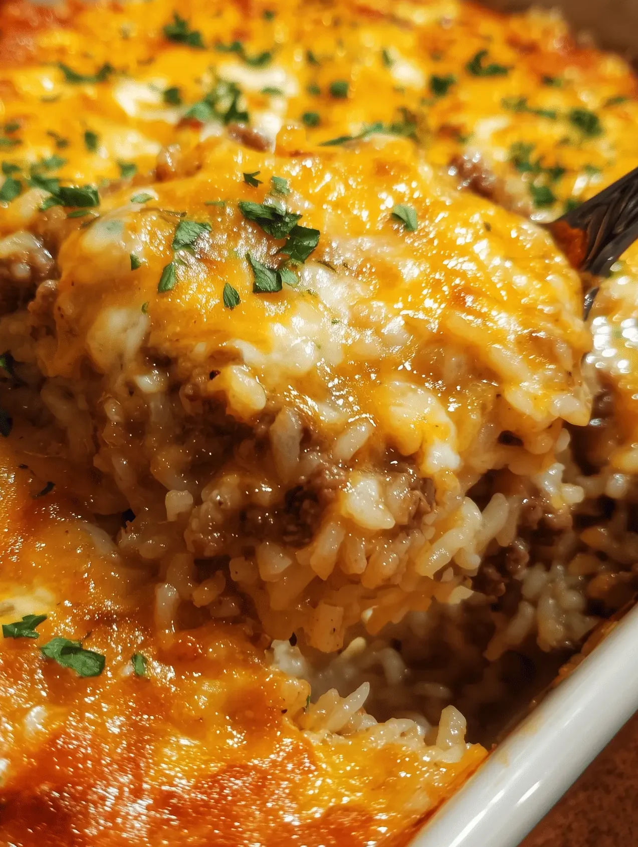 Delicious cheesy beef and rice casserole garnished with fresh herbs.