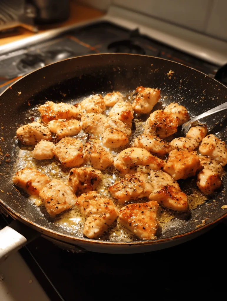 Garlic Butter Chicken Bites served over Creamy Parmesan Pasta, perfect for a quick dinner.