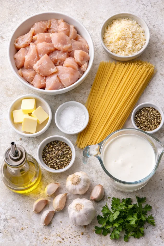 Garlic Butter Chicken Bites served over Creamy Parmesan Pasta, perfect for a quick dinner.