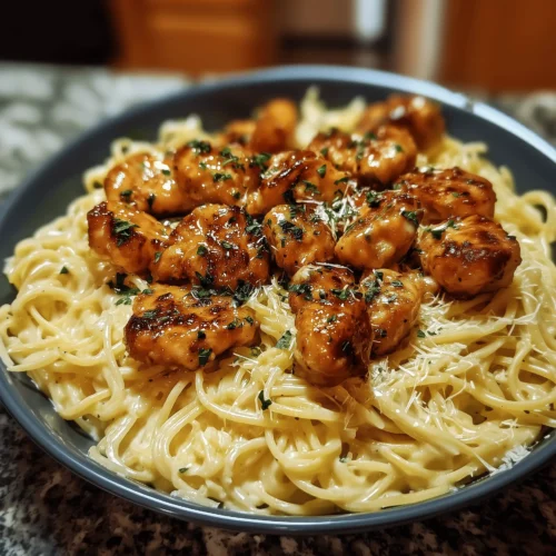 Garlic Butter Chicken Bites served over Creamy Parmesan Pasta, perfect for a quick dinner.