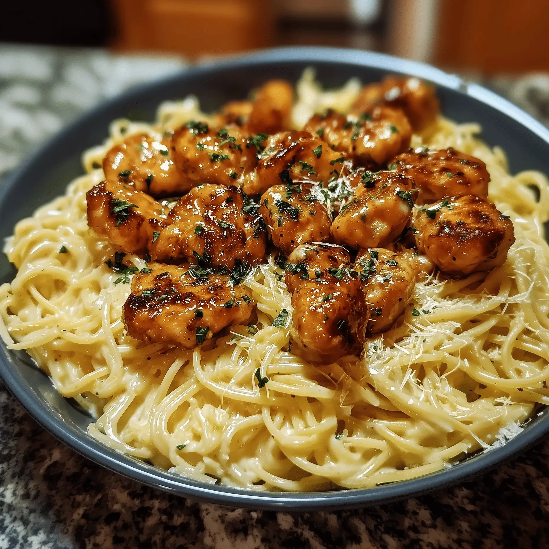 Garlic Butter Chicken Bites served over Creamy Parmesan Pasta, perfect for a quick dinner.