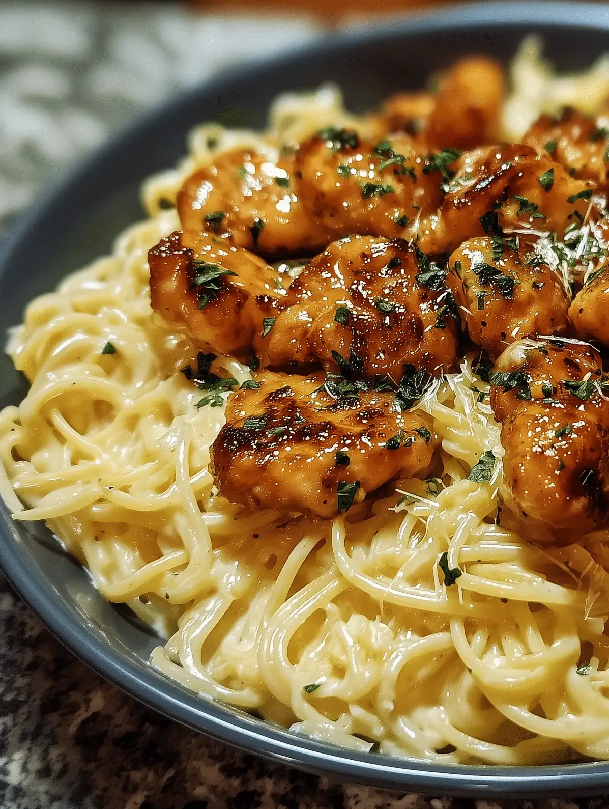 Garlic Butter Chicken Bites served over Creamy Parmesan Pasta, perfect for a quick dinner.