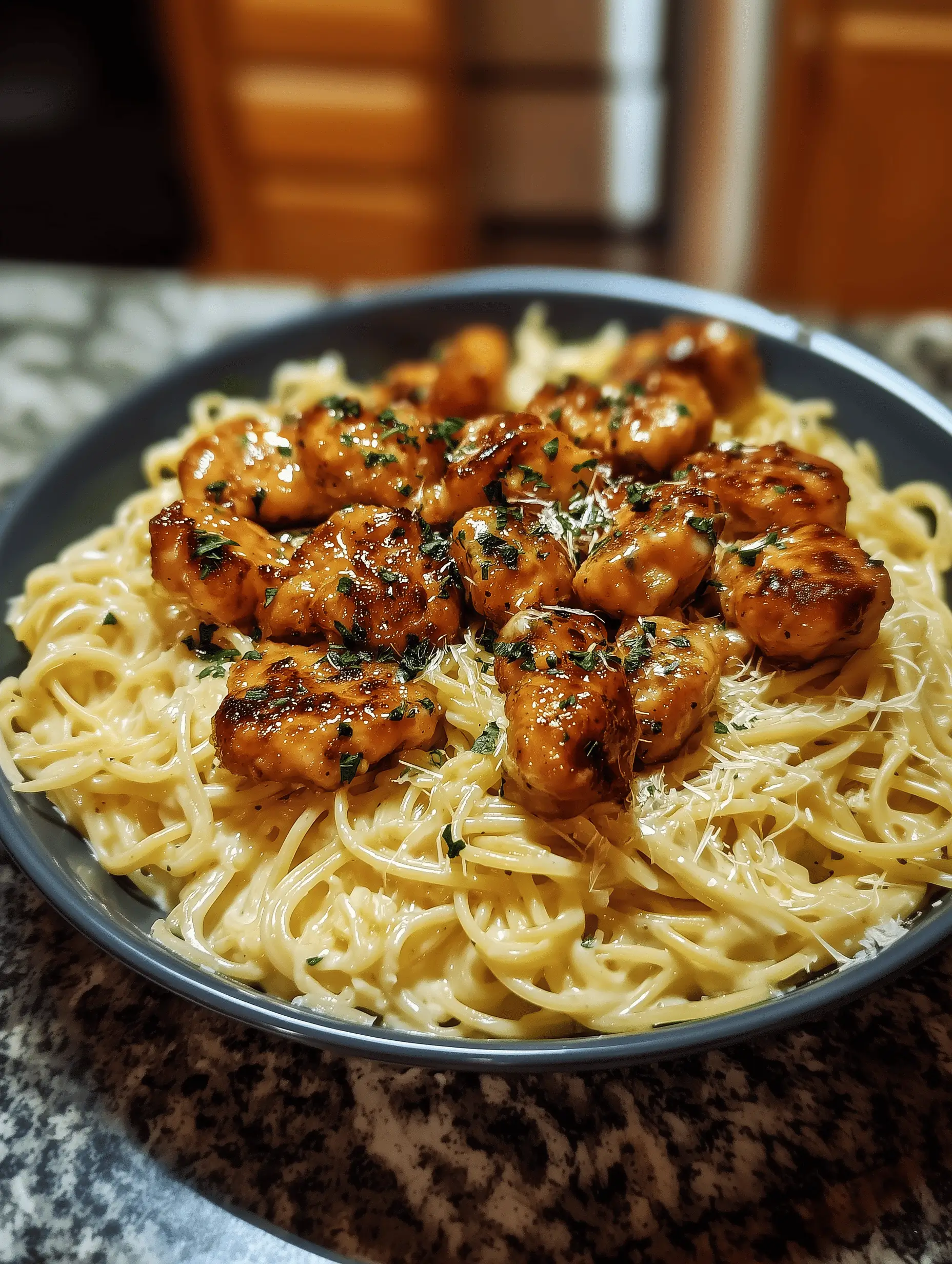 Garlic Butter Chicken Bites served over Creamy Parmesan Pasta, perfect for a quick dinner.