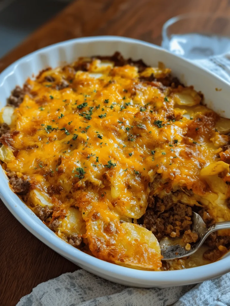 Easy Hobo Casserole with ground beef and potatoes baked in a white casserole dish