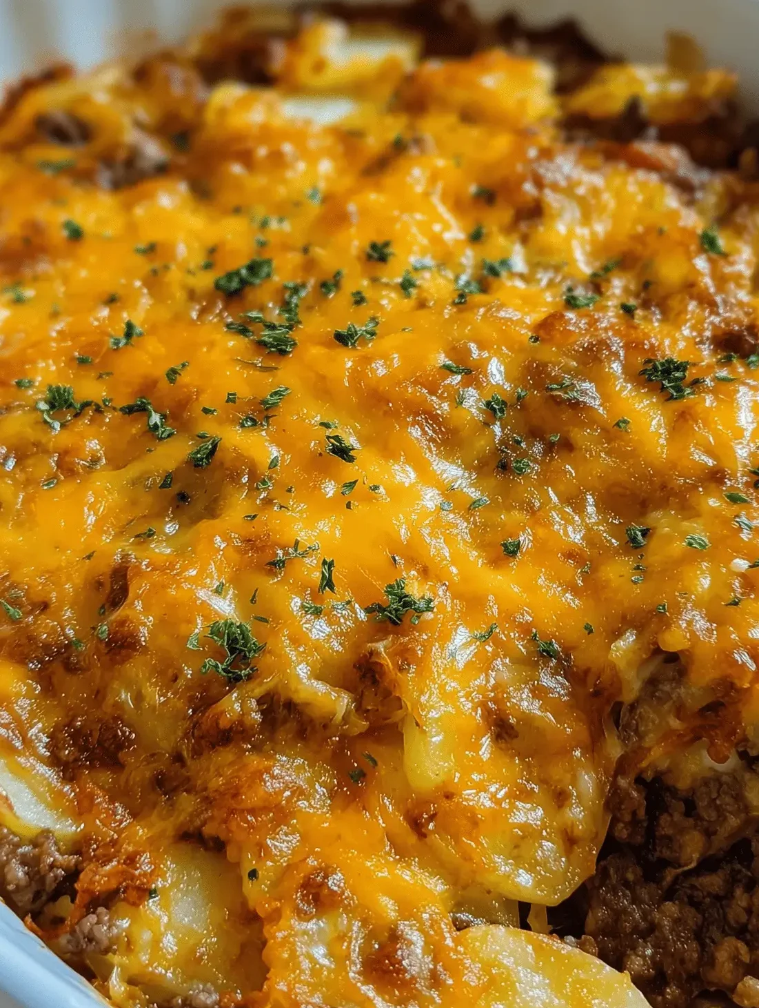 Easy Hobo Casserole with ground beef and potatoes baked in a white casserole dish