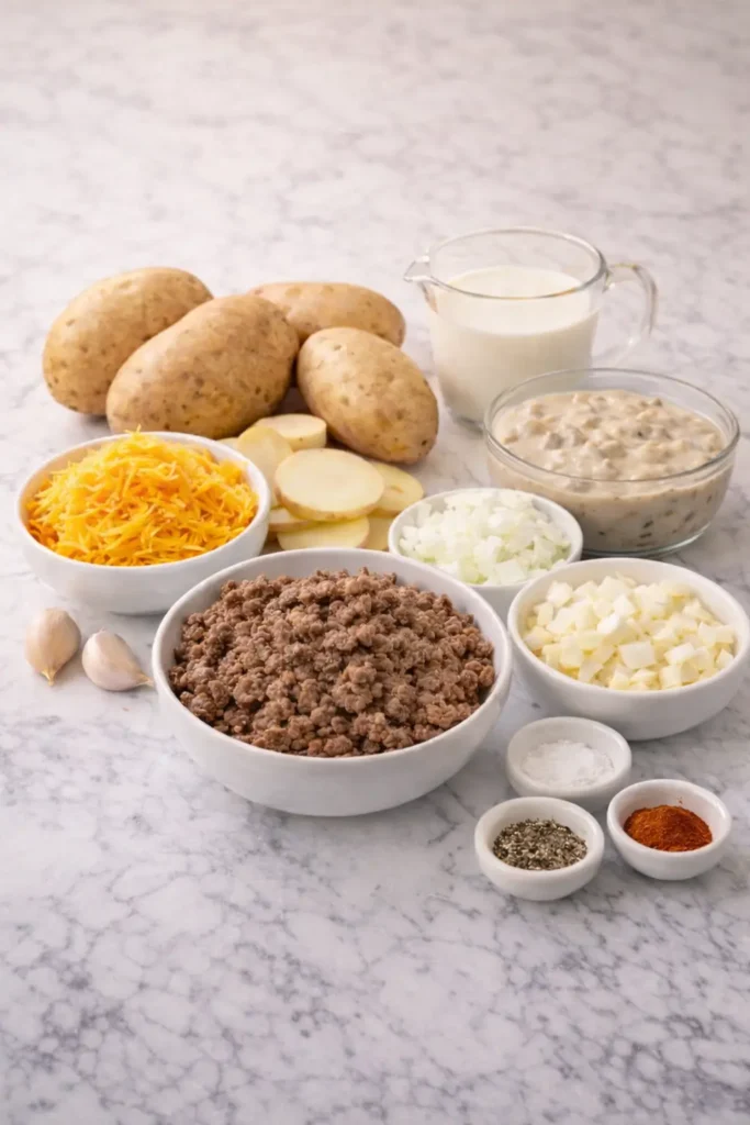 Easy Hobo Casserole with ground beef and potatoes baked in a white casserole dish