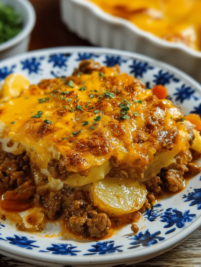 Easy Hobo Casserole with ground beef and potatoes baked in a white casserole dish