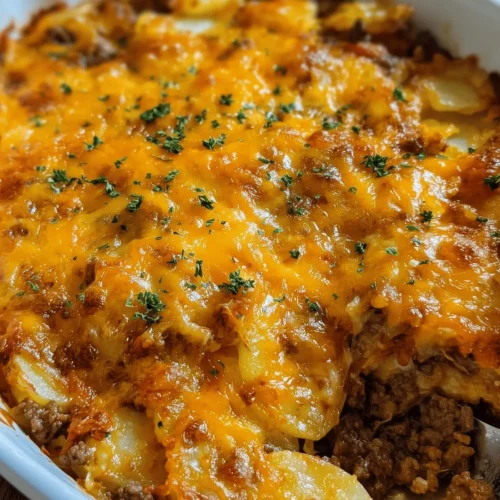 Easy Hobo Casserole with ground beef and potatoes baked in a white casserole dish