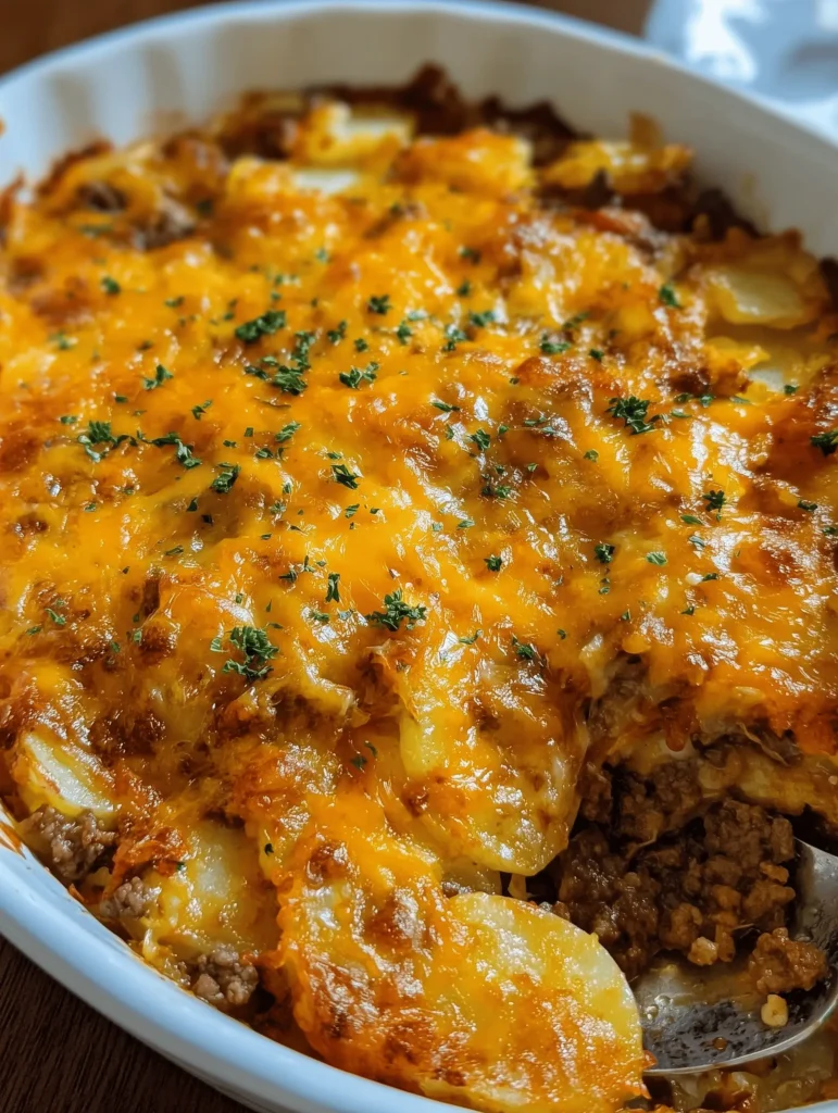 Easy Hobo Casserole with ground beef and potatoes baked in a white casserole dish