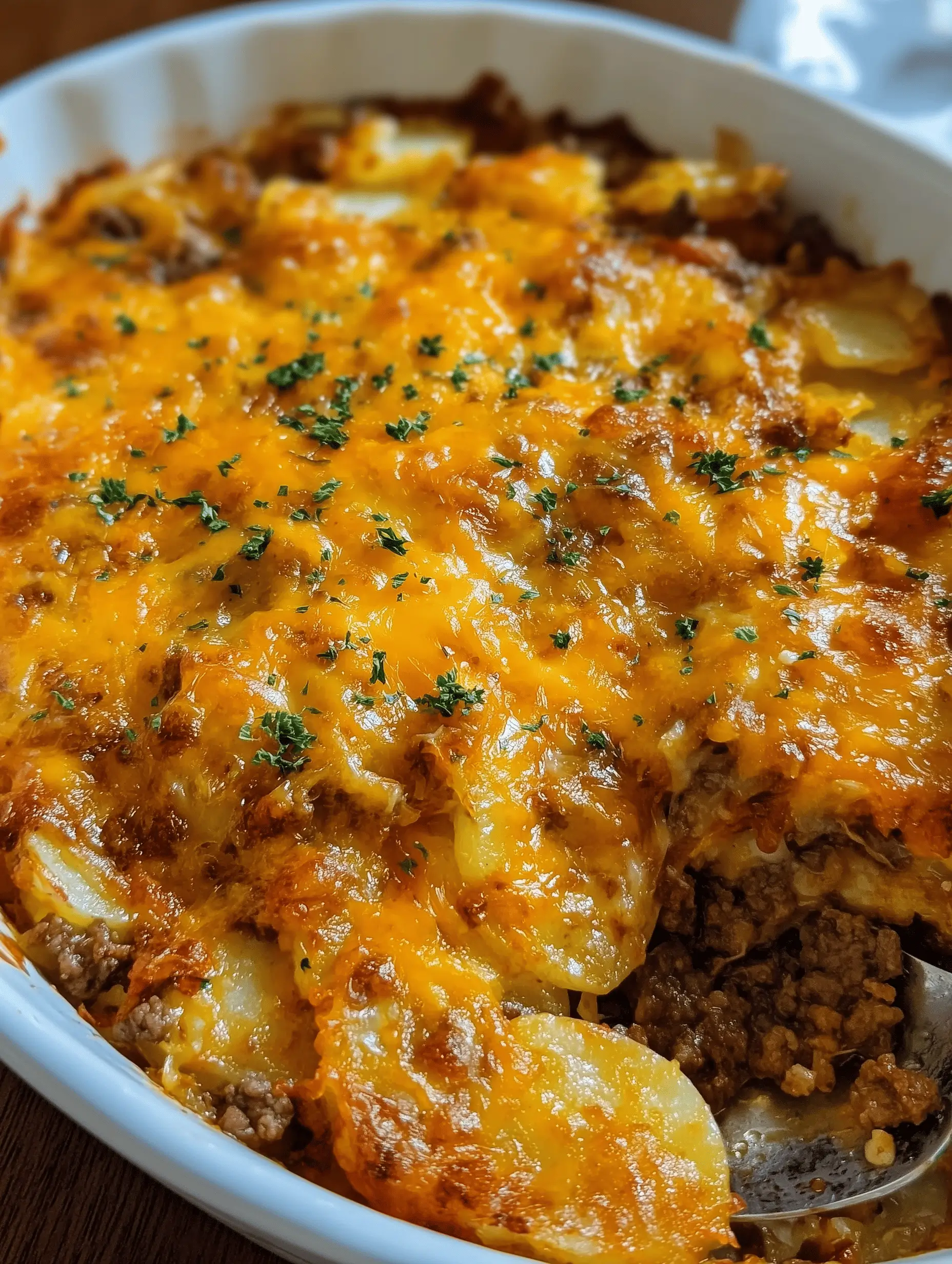 Easy Hobo Casserole with ground beef and potatoes baked in a white casserole dish