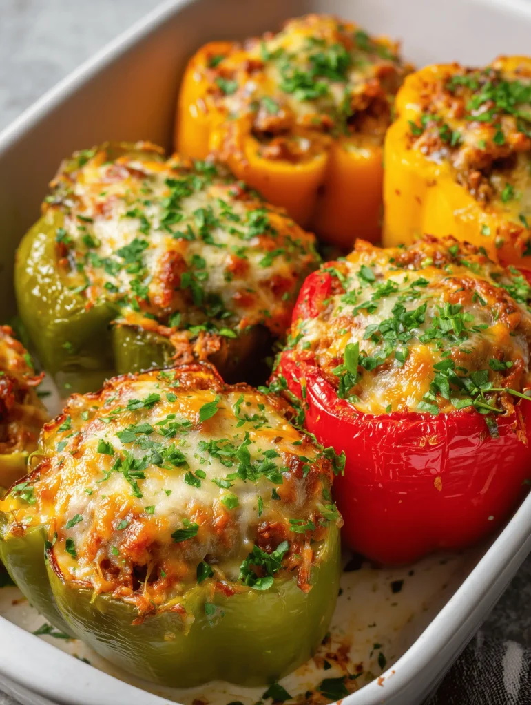 Deliciously baked Keto Stuffed Peppers filled with meat and cheese, a low-carb meal.