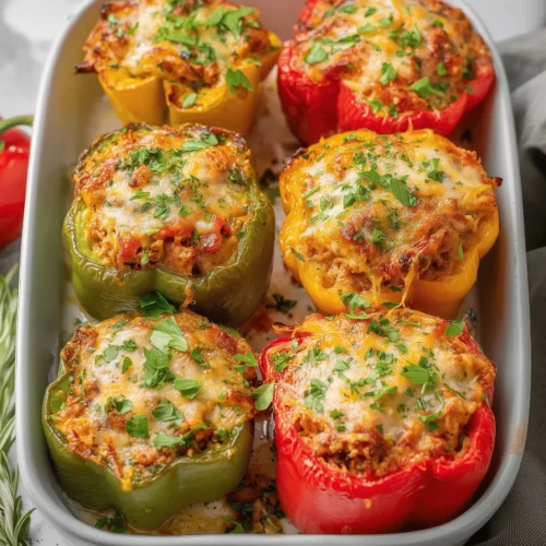 Deliciously baked Keto Stuffed Peppers filled with meat and cheese, a low-carb meal.