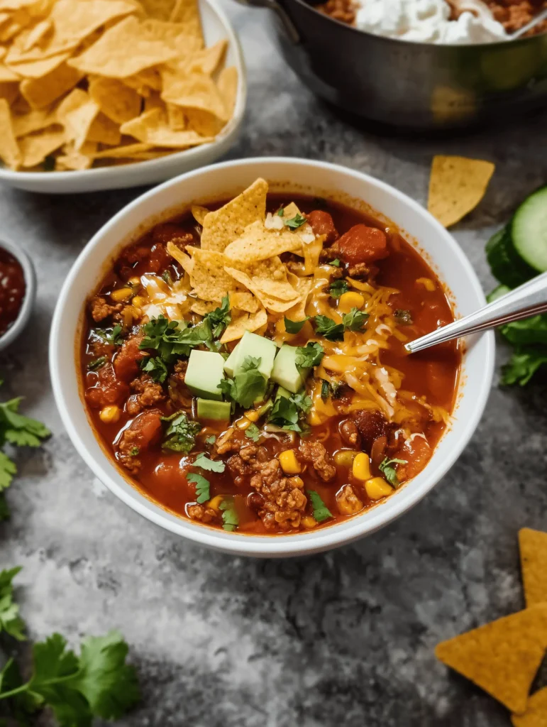 A bowl of delicious Taco Soup topped with cheese, avocado, and cilantro.