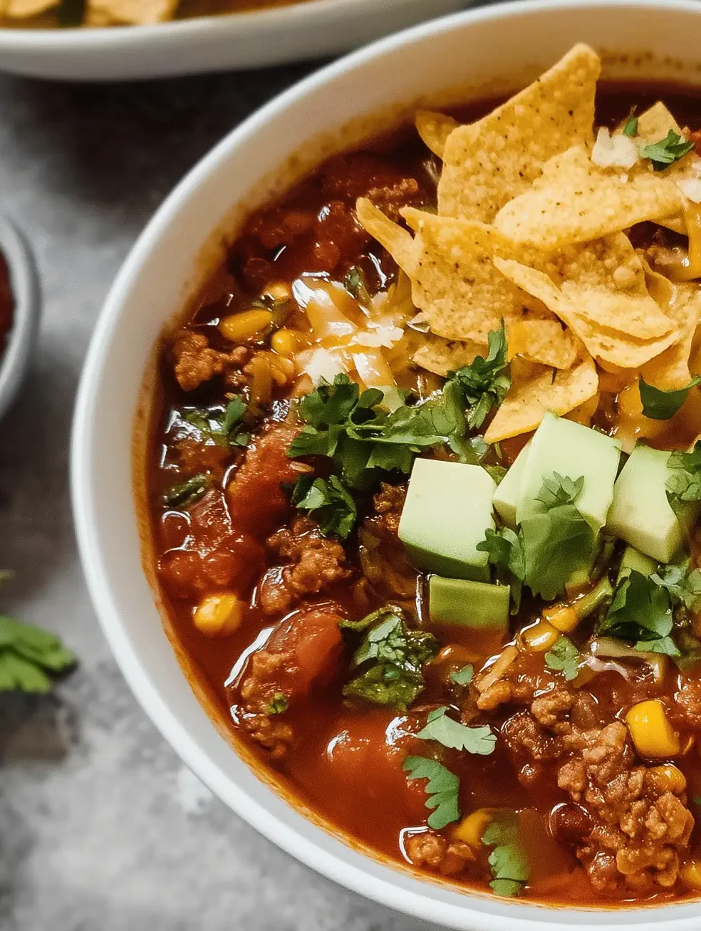 A bowl of delicious Taco Soup topped with cheese, avocado, and cilantro.