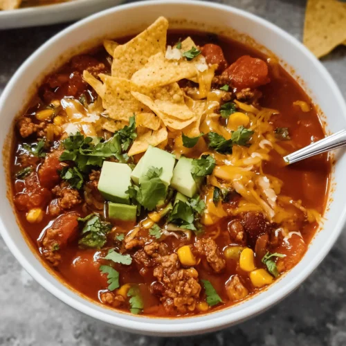 A bowl of delicious Taco Soup topped with cheese, avocado, and cilantro.