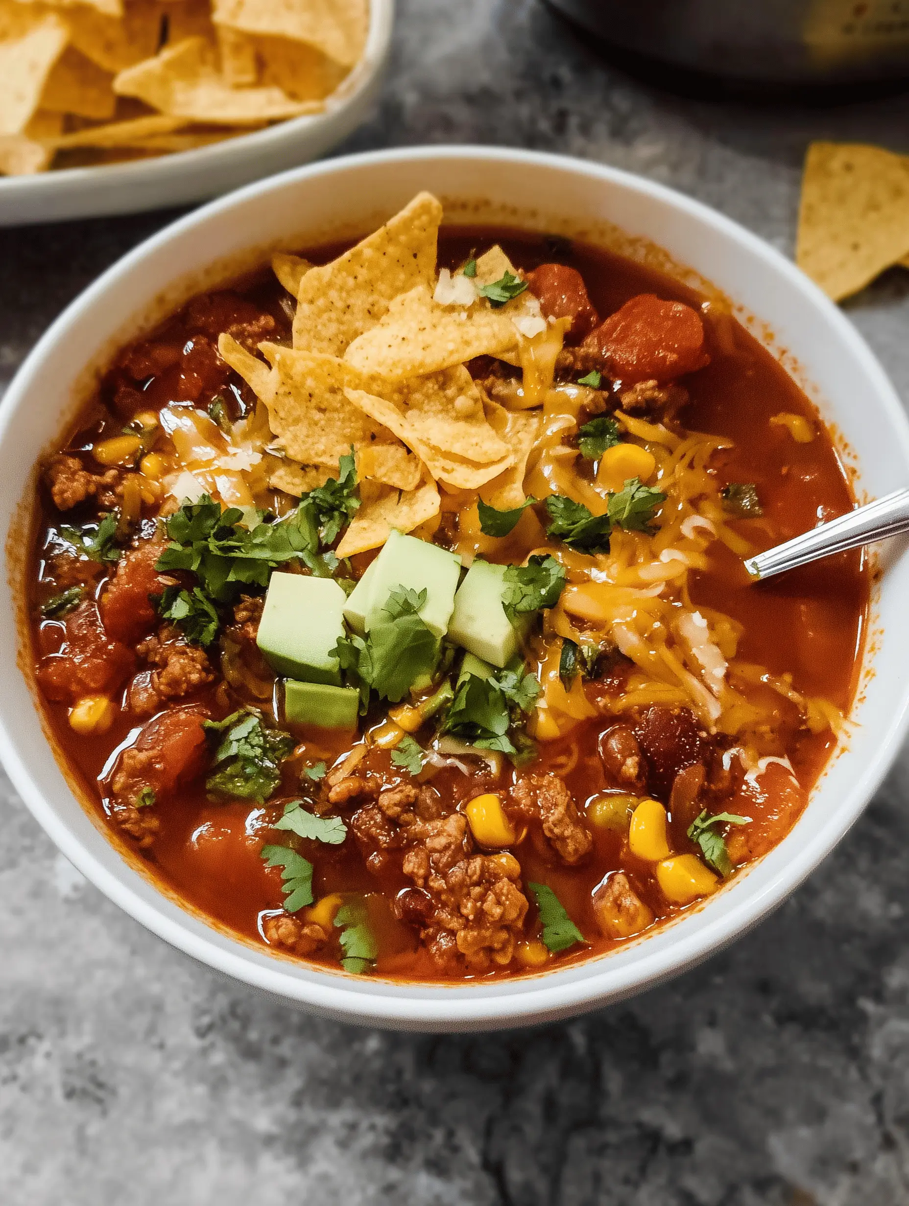 A bowl of delicious Taco Soup topped with cheese, avocado, and cilantro.
