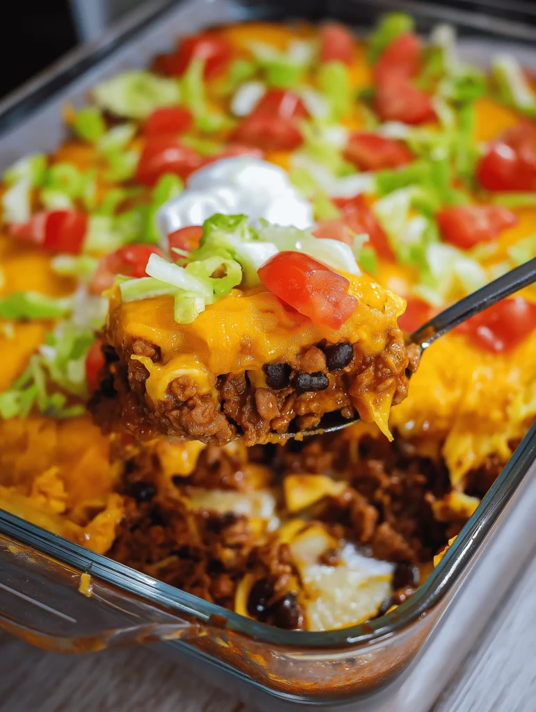 Delicious Walking Taco Casserole with cheese, ground beef, and Fritos.