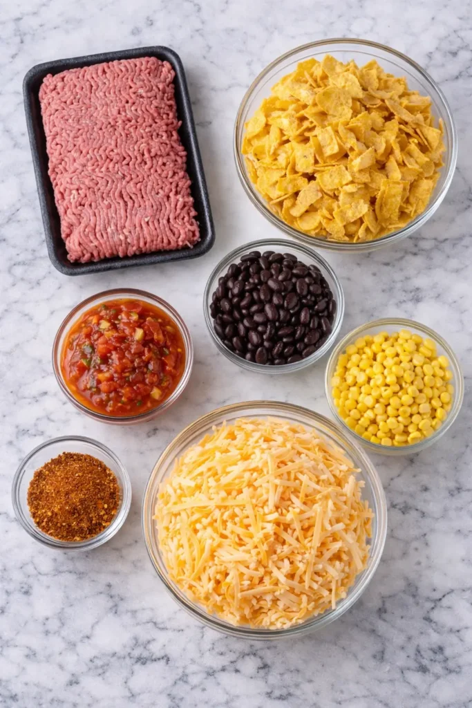 Delicious Walking Taco Casserole with cheese, ground beef, and Fritos.
