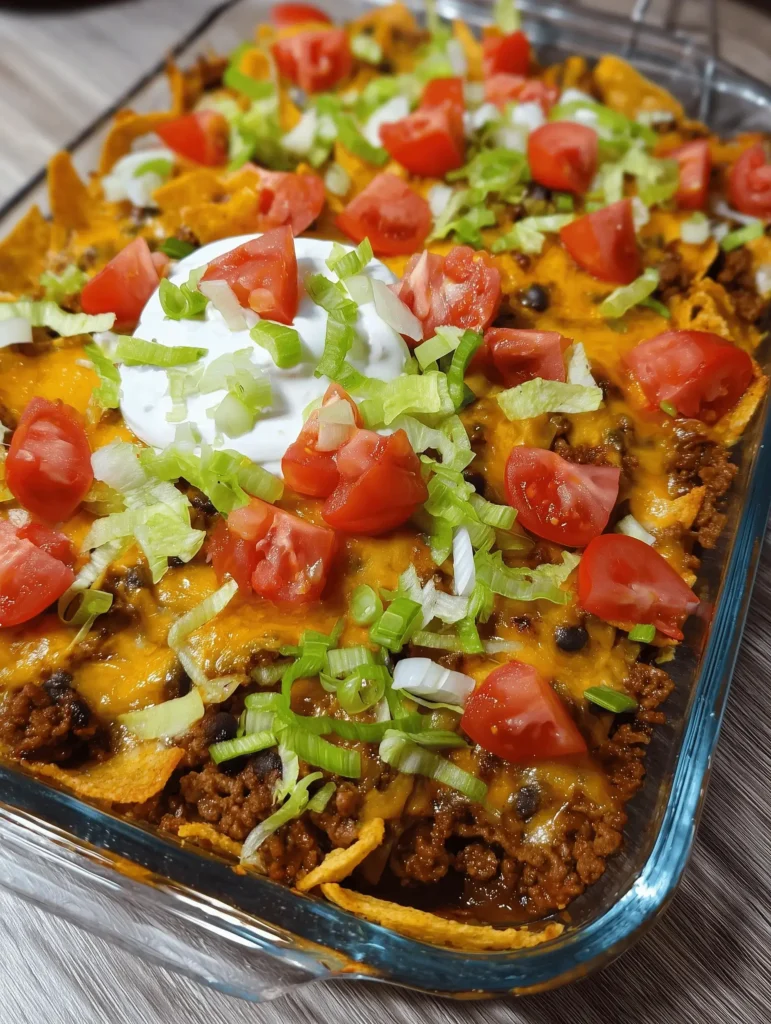 Delicious Walking Taco Casserole with cheese, ground beef, and Fritos.