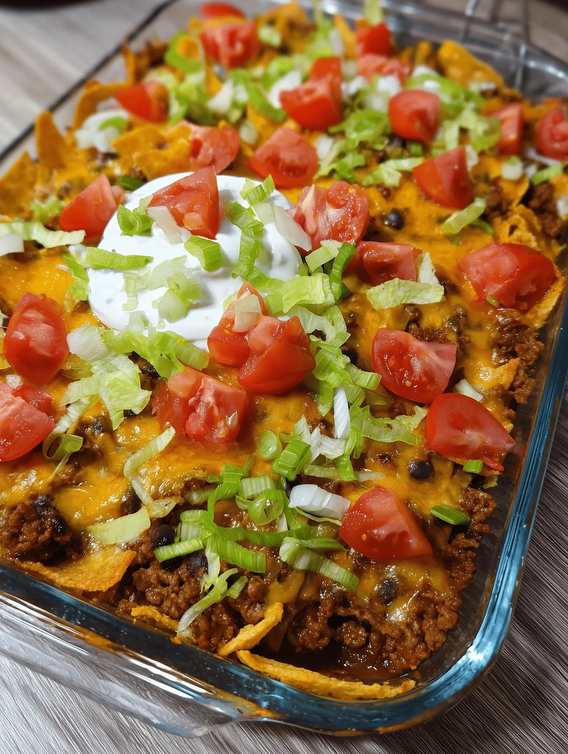 Delicious Walking Taco Casserole with cheese, ground beef, and Fritos.