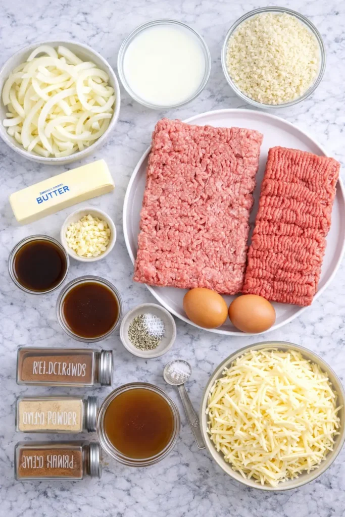 A delicious Easy French Onion Meatloaf topped with caramelized onions and Gruyère cheese.