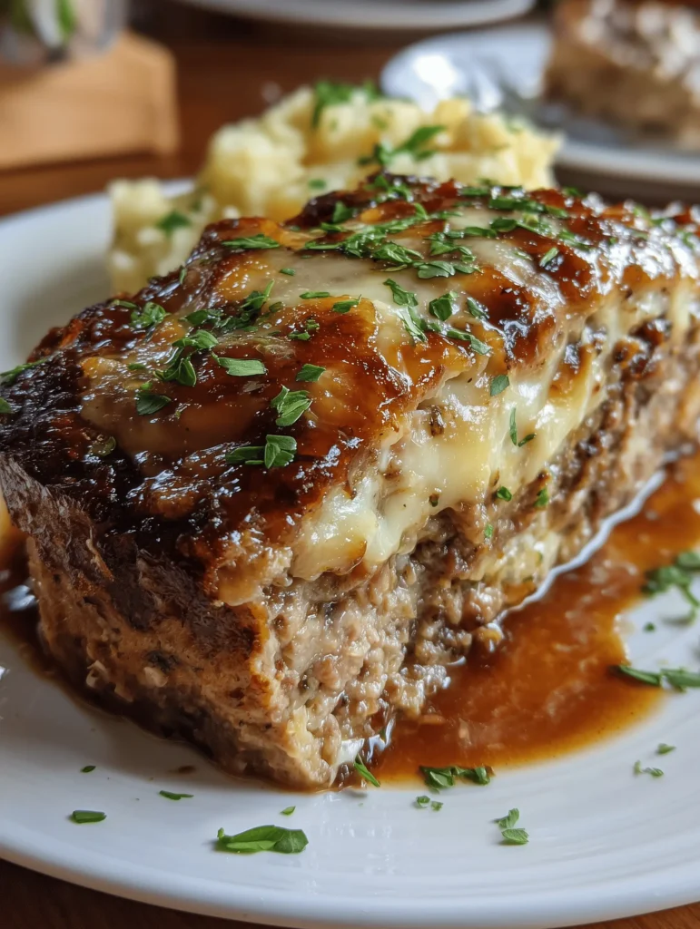 A delicious Easy French Onion Meatloaf topped with caramelized onions and Gruyère cheese.