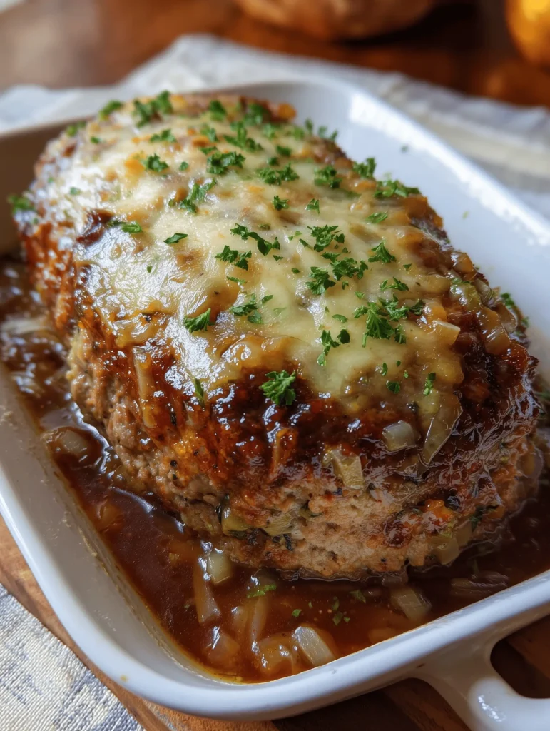 A delicious Easy French Onion Meatloaf topped with caramelized onions and Gruyère cheese.