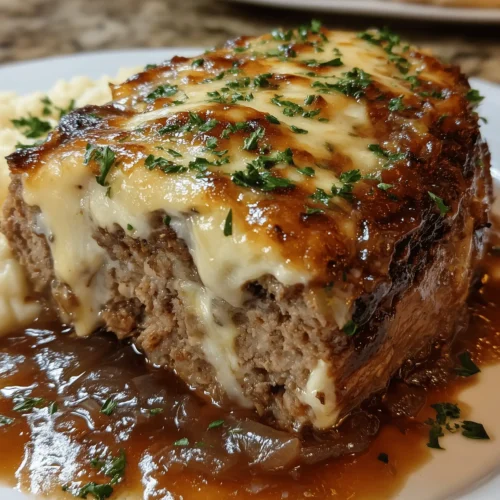 A delicious Easy French Onion Meatloaf topped with caramelized onions and Gruyère cheese.