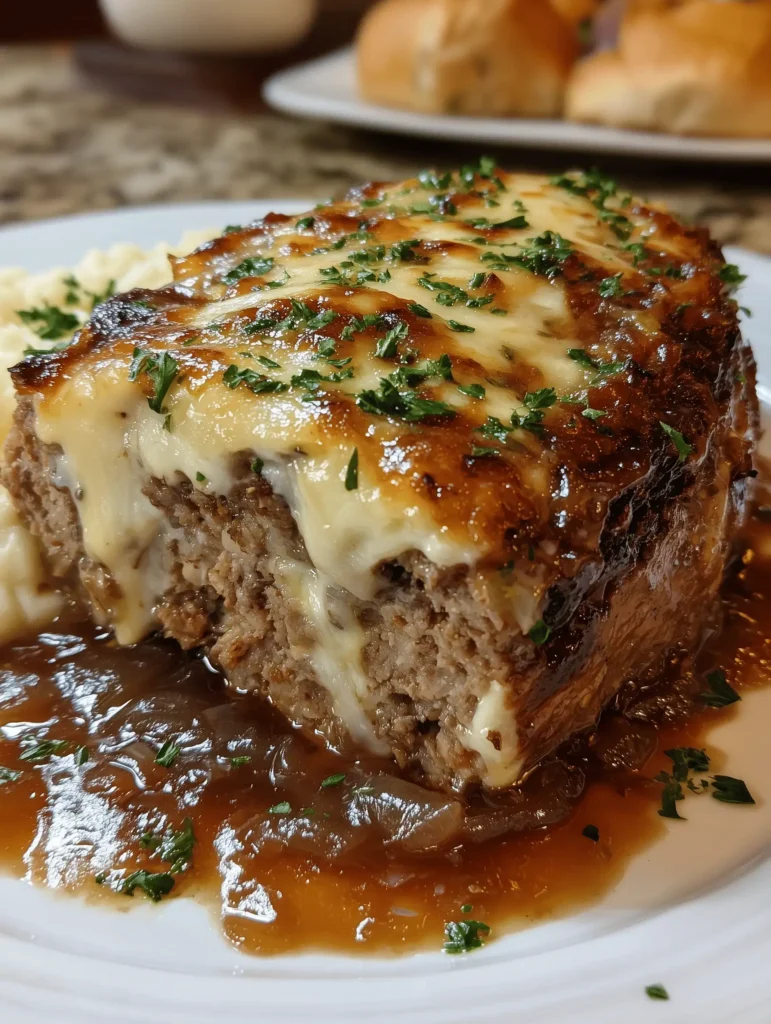 A delicious Easy French Onion Meatloaf topped with caramelized onions and Gruyère cheese.