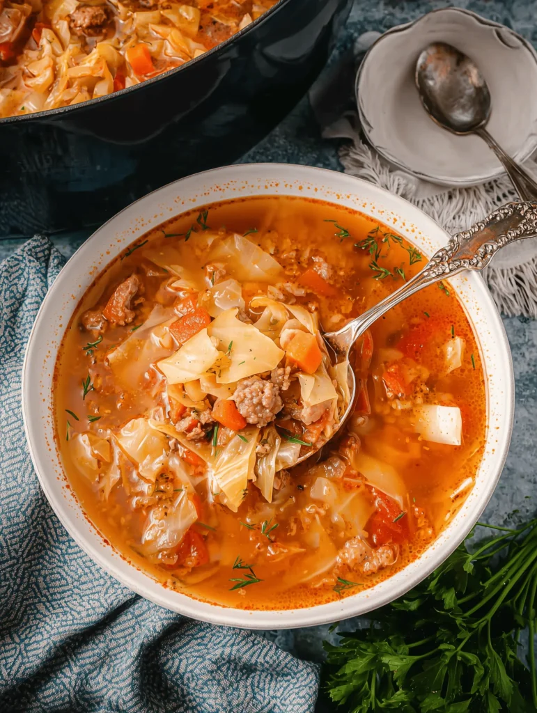A hearty bowl of cabbage and sausage soup filled with vegetables and flavor.