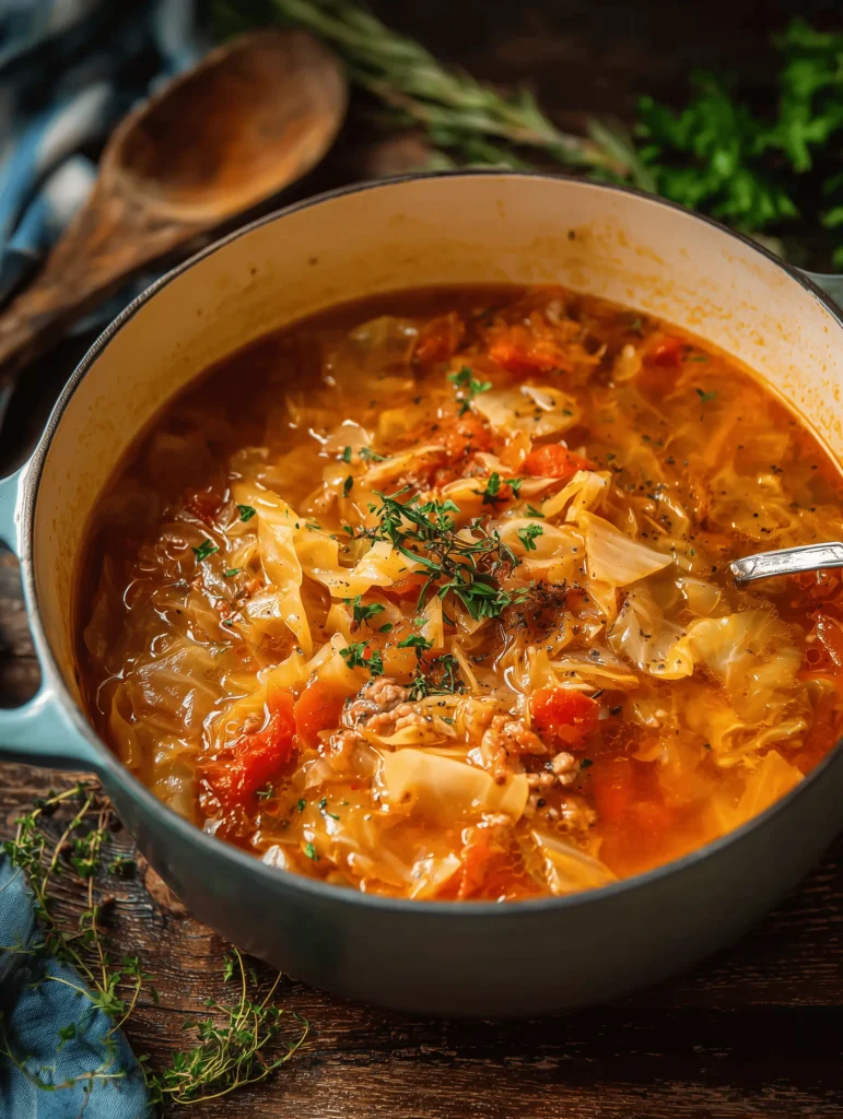 A hearty bowl of cabbage and sausage soup filled with vegetables and flavor.