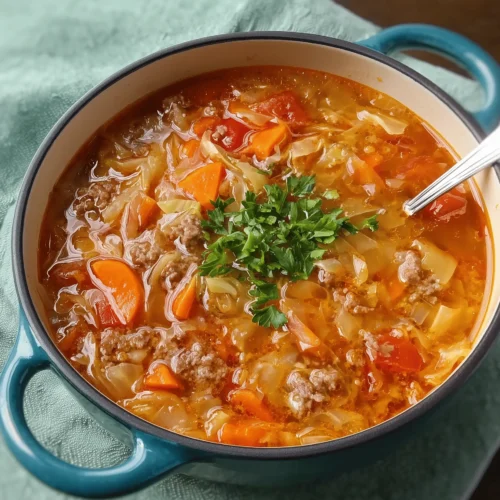 A hearty bowl of cabbage and sausage soup filled with vegetables and flavor.