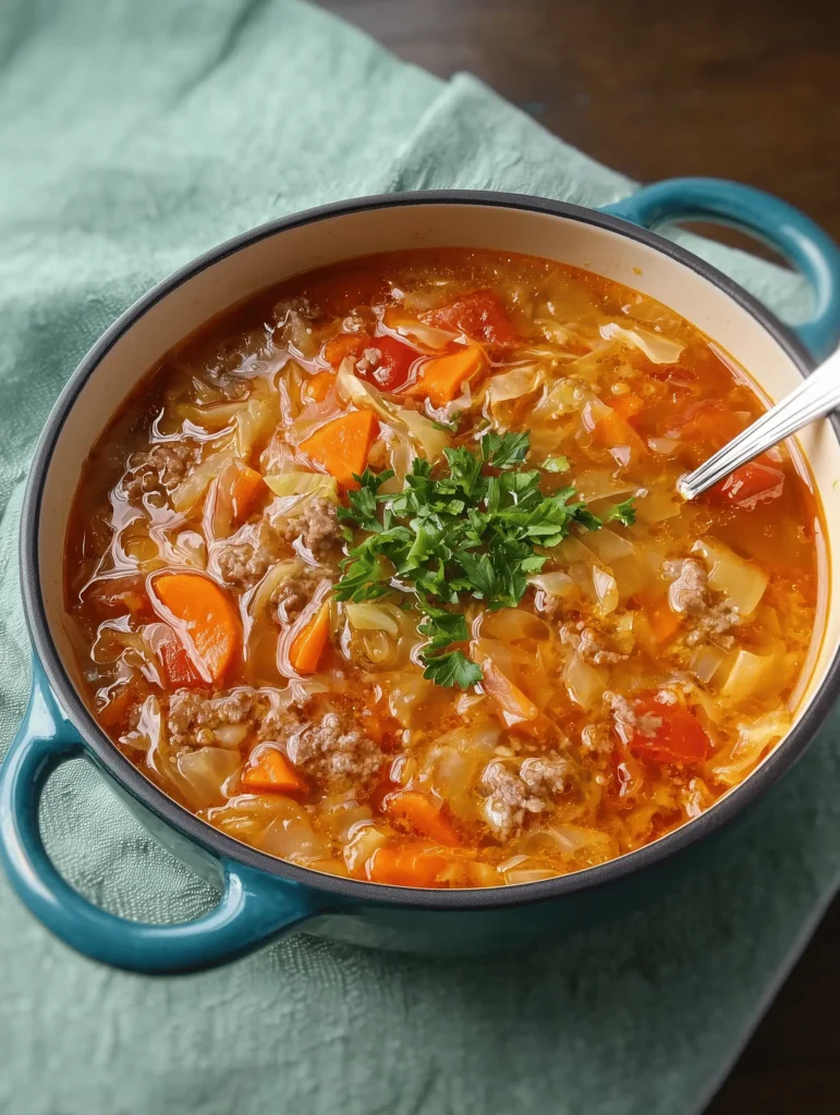 A hearty bowl of cabbage and sausage soup filled with vegetables and flavor.
