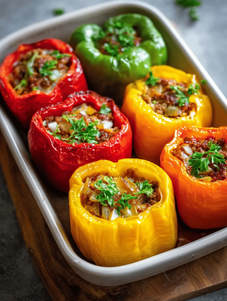 Deliciously baked Keto Stuffed Peppers filled with meat and cheese, a low-carb meal.