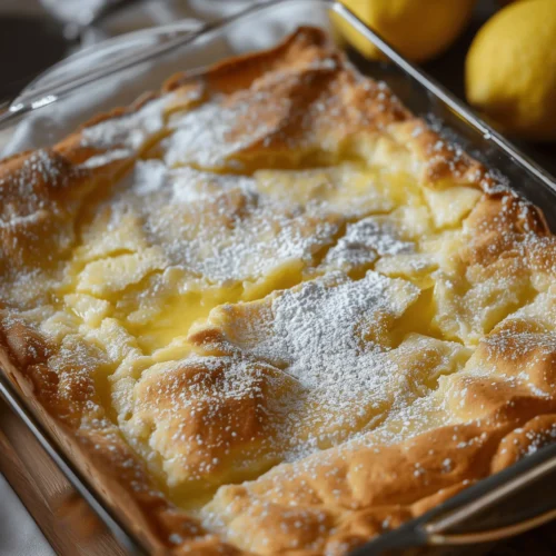 Delicious Lemon Cream Cheese Dump Cake topped with cream cheese and lemon pie filling.